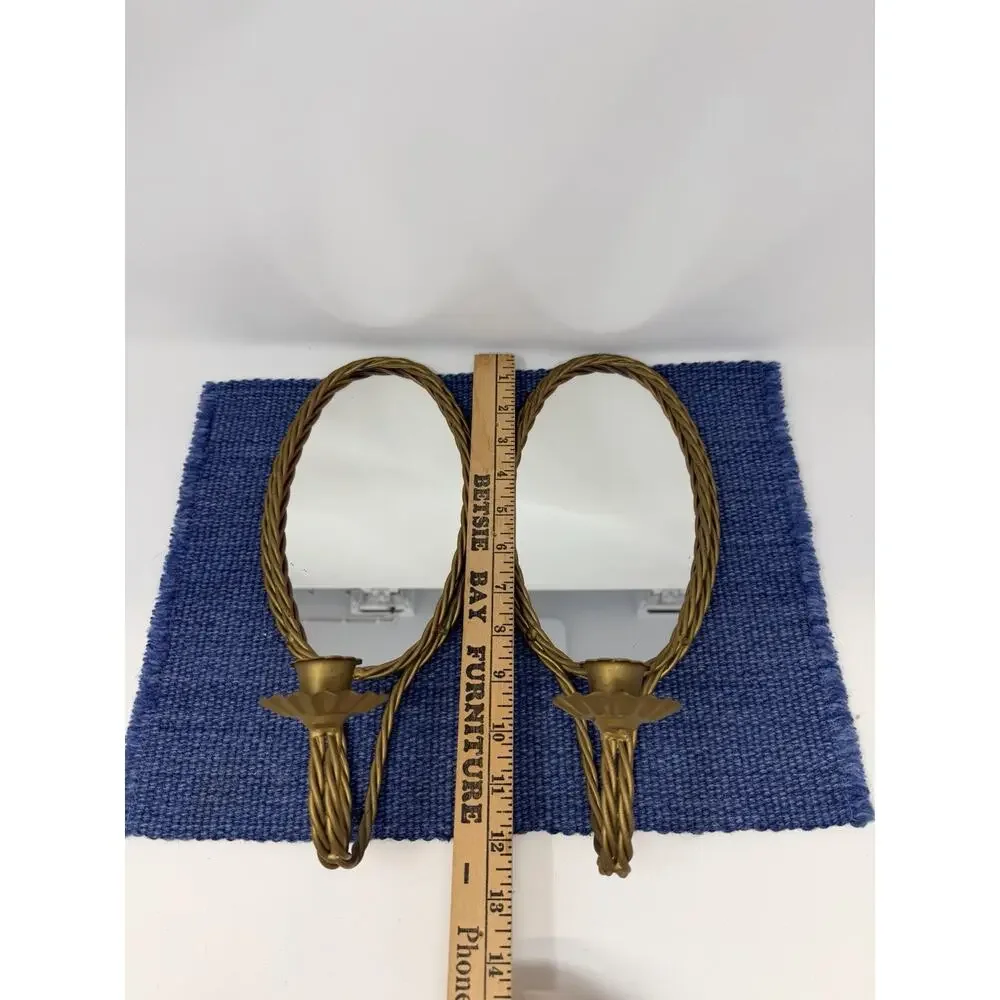 Pair Vintage Gold Tone Oval Mirror Candle Wall Sconces Hollywood Regency Rope